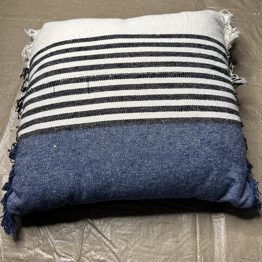 Blue Black Cream Striped Fringe Throw Pillow 20"x20"